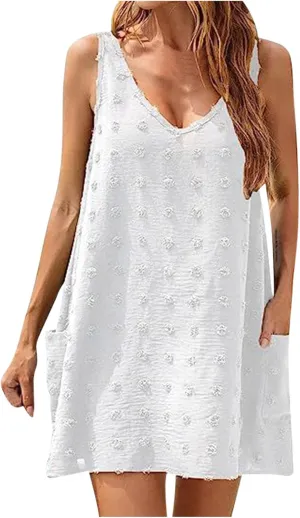 Ceboyel Women Swiss Dots Mini Short Dress V Neck Summer Beach Dresses Sleeveless Pocket Cute Sundress Trendy Causal Clothing