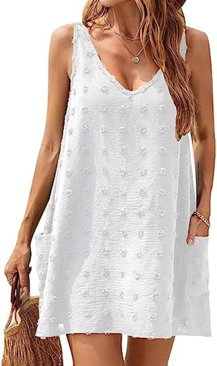 Ceboyel Women Swiss Dots Mini Short Dress V Neck Summer Beach Dresses Sleeveless Pocket Cute Sundress Trendy Causal Clothing