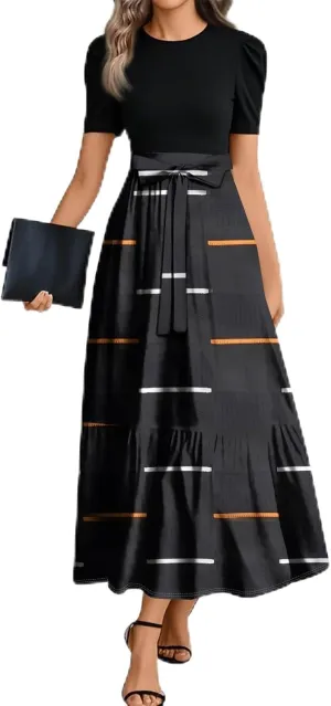 Church Dresses for Women 2025 Floral Short Sleeve Wrap Patchwork Dress Tea Length A Line Tiered Maxi Modest Dress