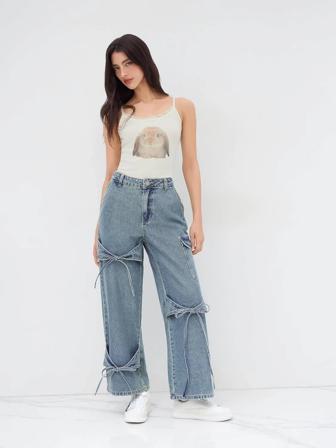 CIDER Baggy Jeans for Women Low Waisted Wide Straight Leg Bow Jeans Denim Pants