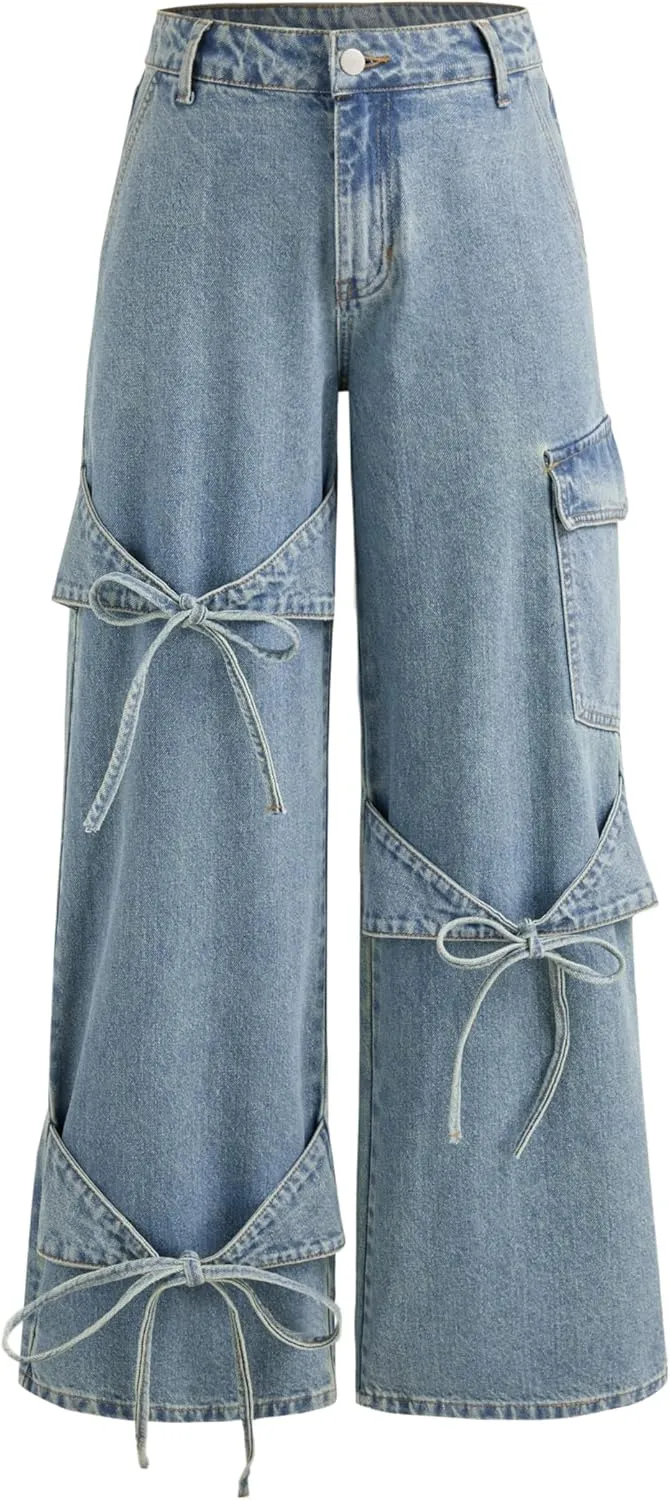 CIDER Baggy Jeans for Women Low Waisted Wide Straight Leg Bow Jeans Denim Pants