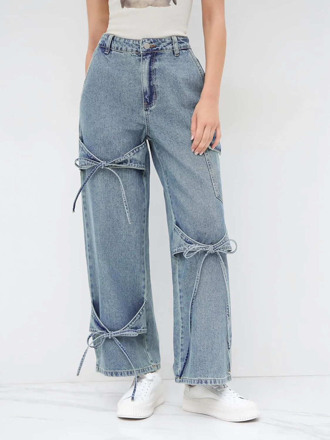 CIDER Baggy Jeans for Women Low Waisted Wide Straight Leg Bow Jeans Denim Pants