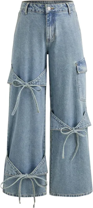 CIDER Baggy Jeans for Women Low Waisted Wide Straight Leg Bow Jeans Denim Pants