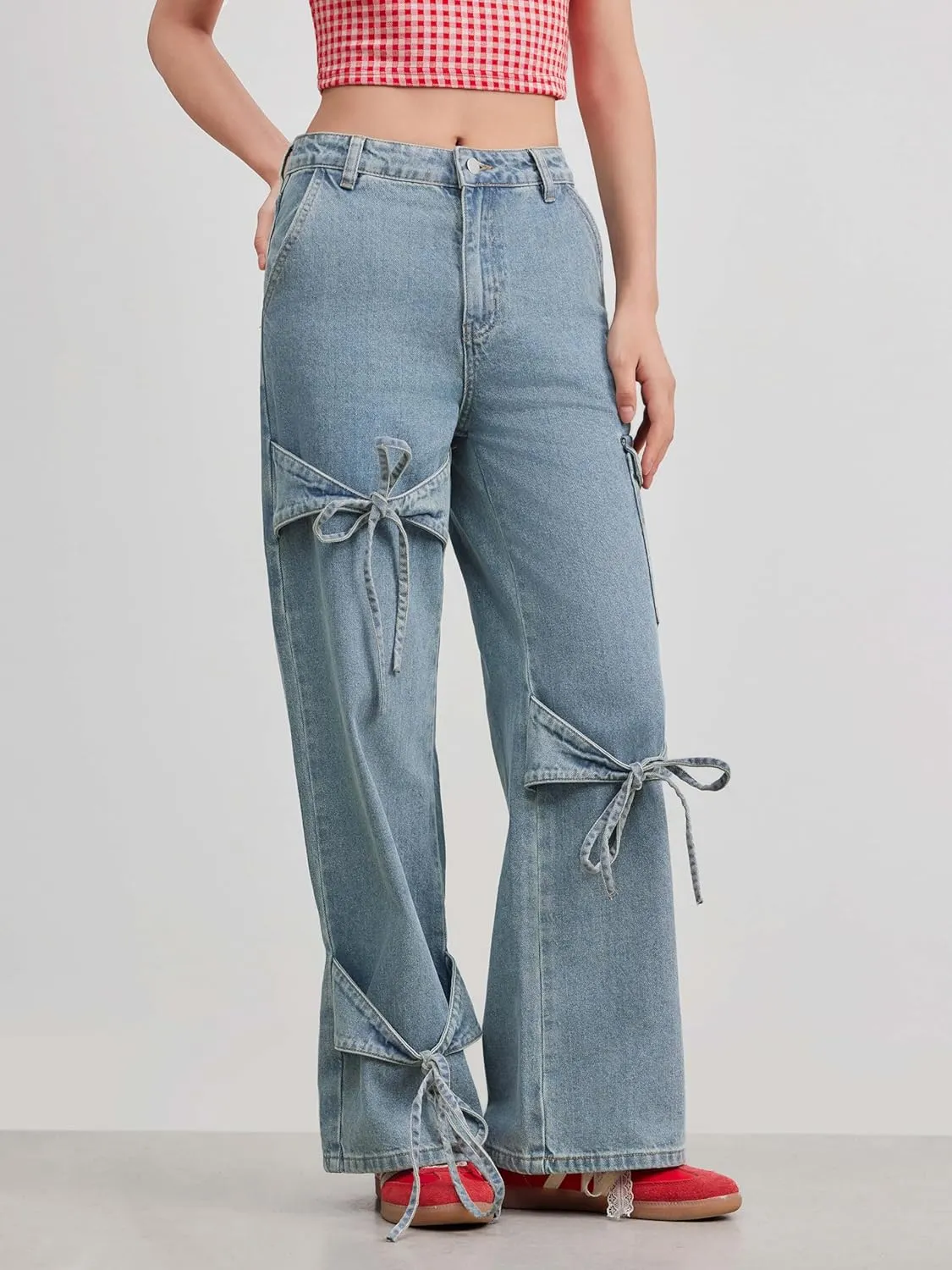 CIDER Baggy Jeans for Women Low Waisted Wide Straight Leg Bow Jeans Denim Pants