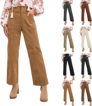 Corduroy Pants Women Straight Leg Elastic High Waisted Pants Vintage Pull on Teacher Pants Loose Fit Flare Pants