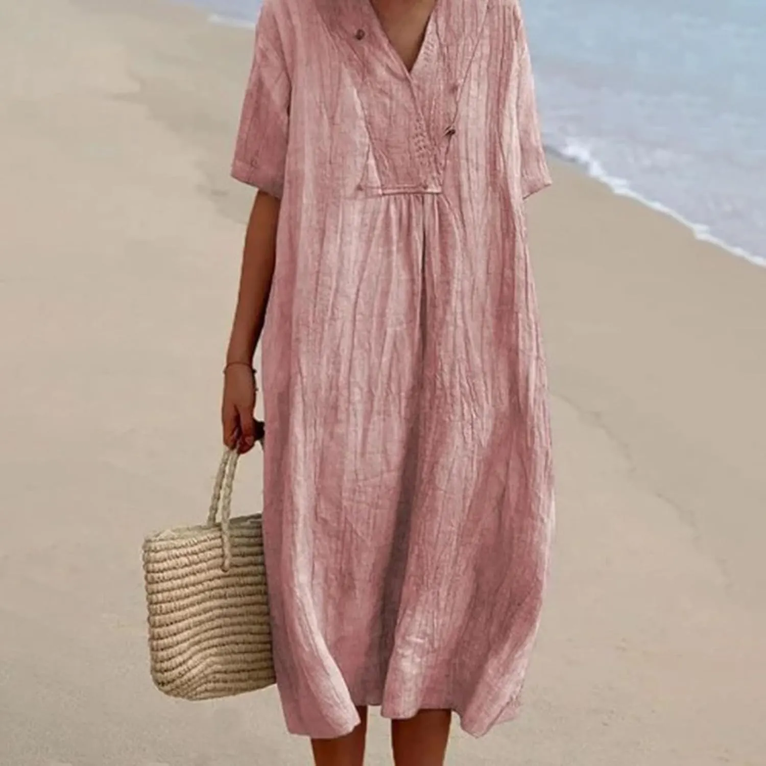 Cotton and Linen V-Neck Midi Dress Summer Casual Loose Short Sleeve T Shirts Long Dresses Comfortable Lounge Dresses