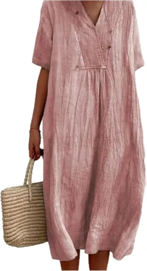 Cotton and Linen V-Neck Midi Dress Summer Casual Loose Short Sleeve T Shirts Long Dresses Comfortable Lounge Dresses