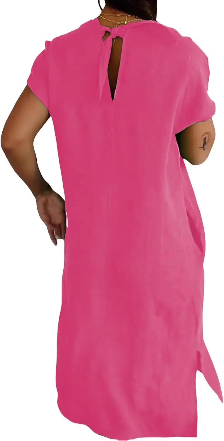 Cotton Linen Dress Women Casual Summer Long Dresses V Neck Short Sleeve Maxi Dress Loose Side Split Sundress Pockets