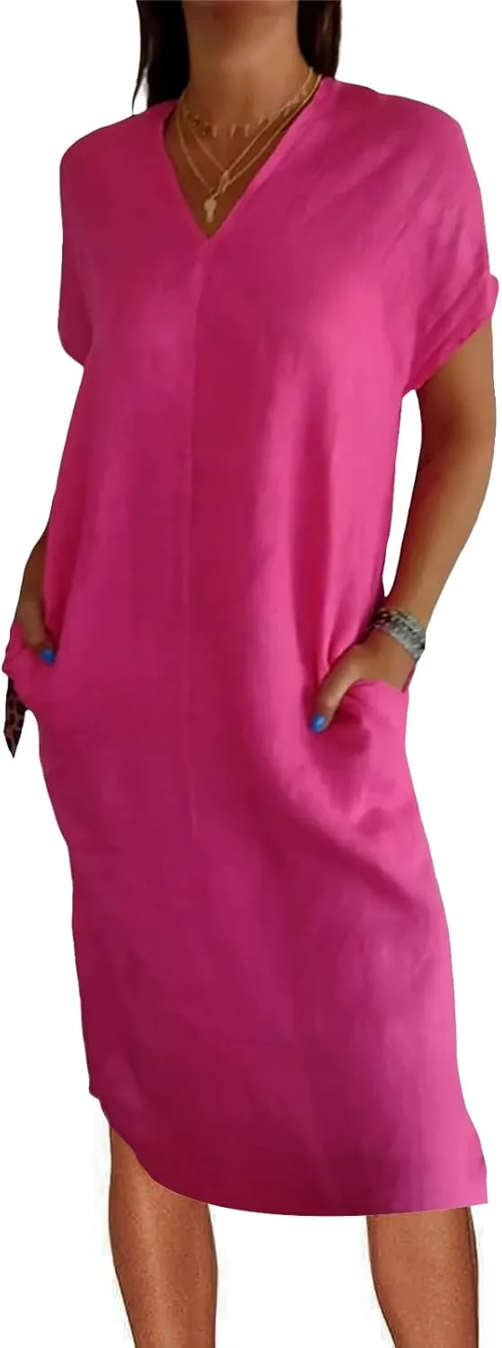Cotton Linen Dress Women Casual Summer Long Dresses V Neck Short Sleeve Maxi Dress Loose Side Split Sundress Pockets
