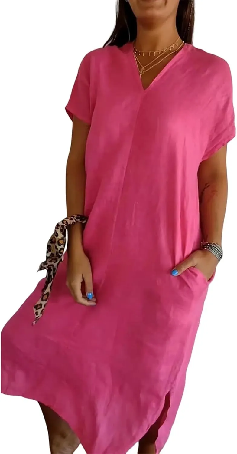 Cotton Linen Dress Women Casual Summer Long Dresses V Neck Short Sleeve Maxi Dress Loose Side Split Sundress Pockets