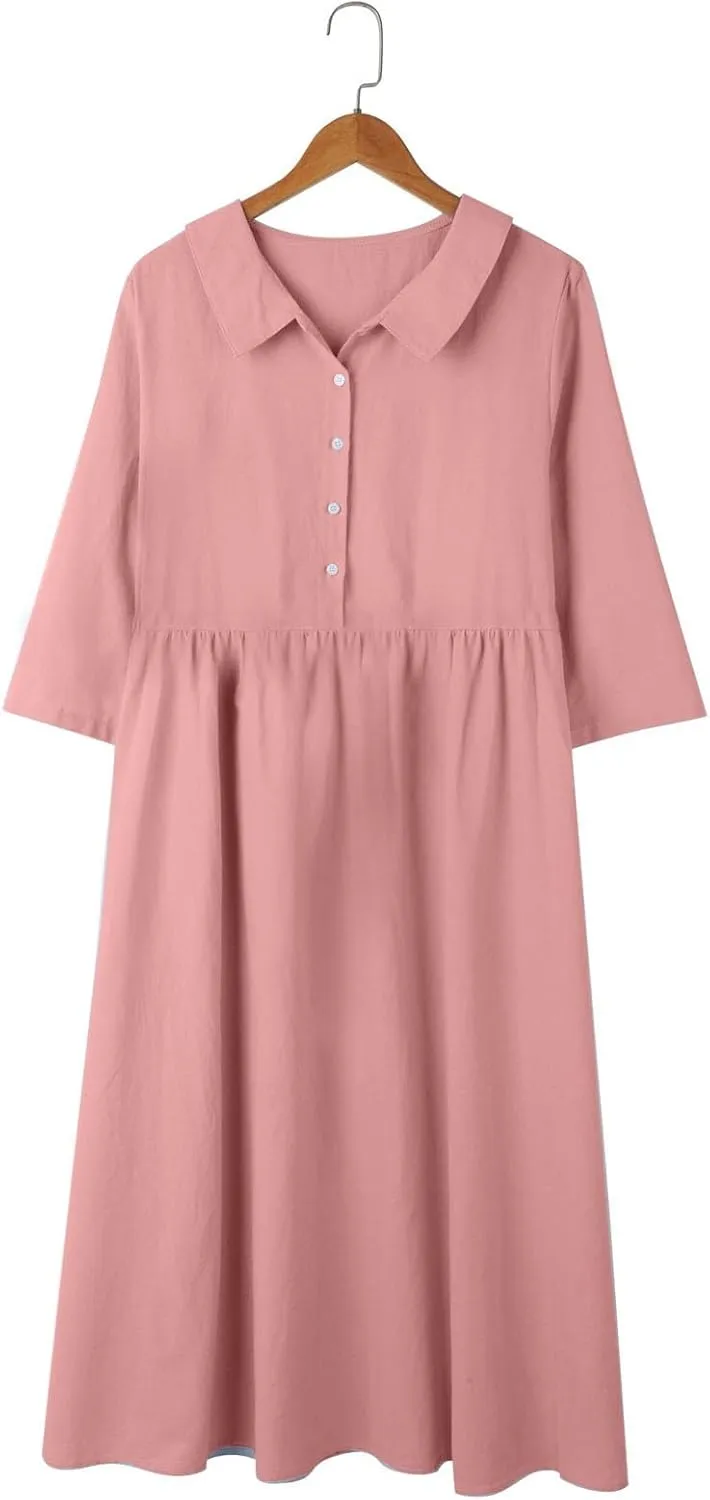 Cotton Linen Dresses for Women 2025 Casual Summer Sleeveless Button Down Dresses Loose Fit Turn Down Neck Sundress