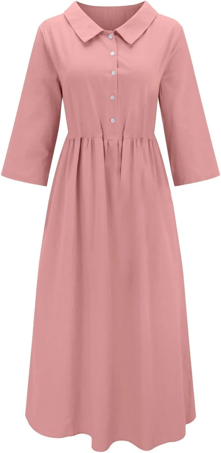 Cotton Linen Dresses for Women 2025 Casual Summer Sleeveless Button Down Dresses Loose Fit Turn Down Neck Sundress