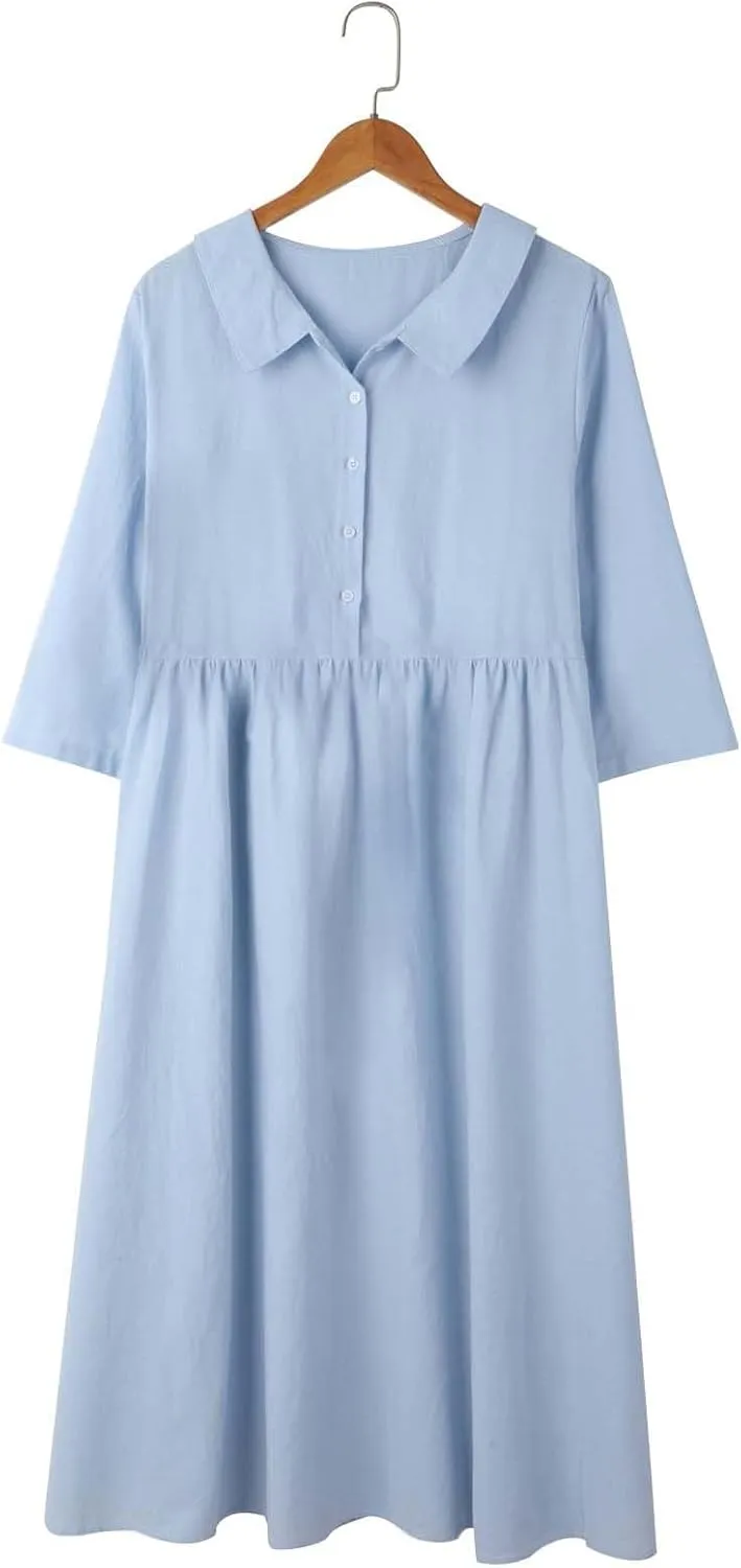 Cotton Linen Dresses for Women 2025 Casual Summer Sleeveless Button Down Dresses Loose Fit Turn Down Neck Sundress