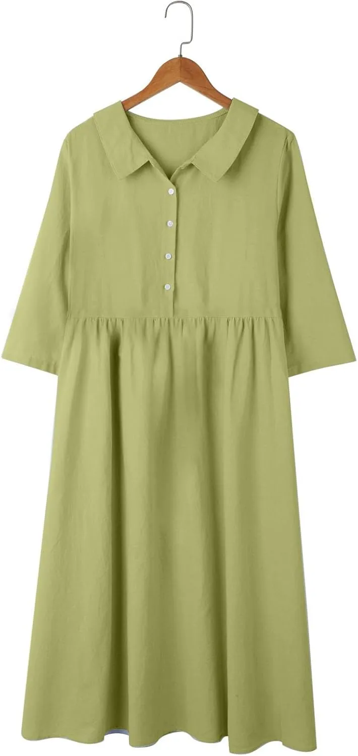 Cotton Linen Dresses for Women 2025 Casual Summer Sleeveless Button Down Dresses Loose Fit Turn Down Neck Sundress
