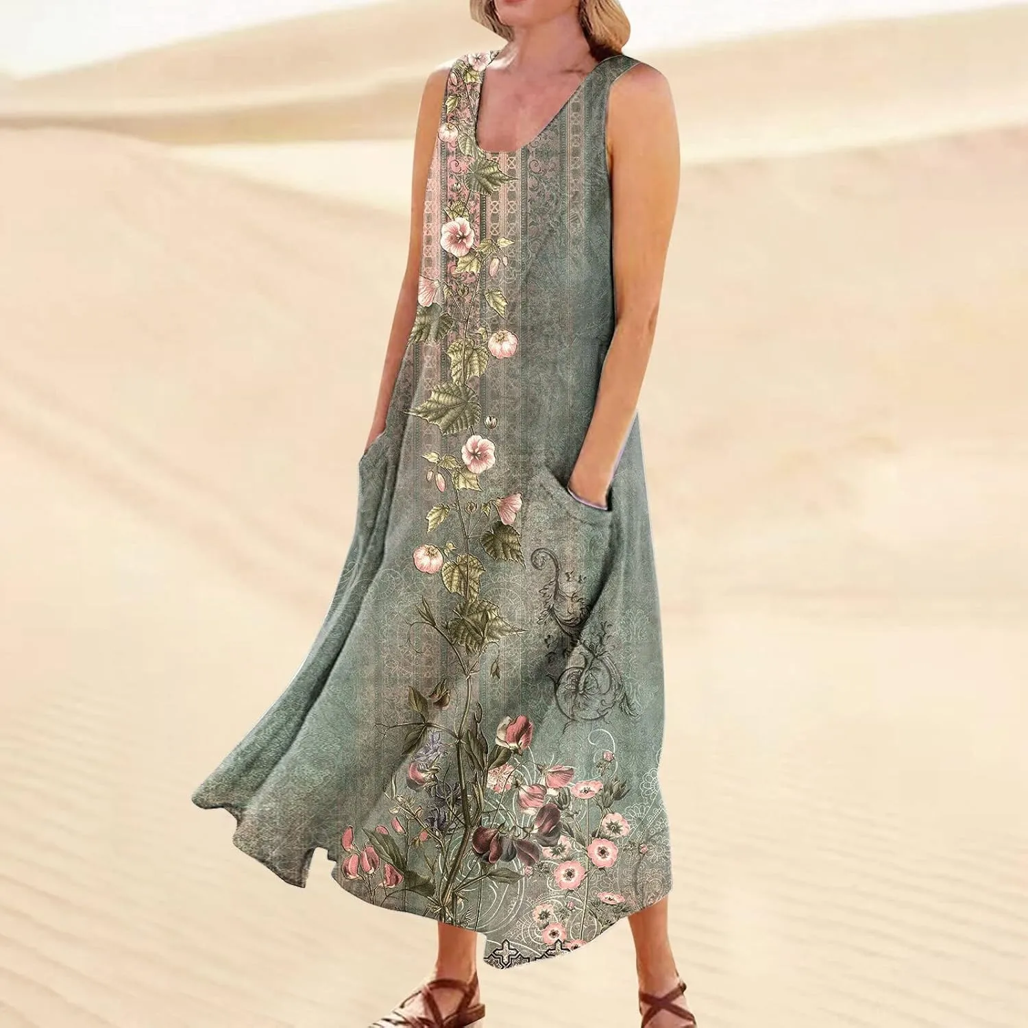 Cotton Linen Dresses for Women,Maxi Sleeveless Dresses Summer Casual Print Cotton Linen Sundress with Pockets (S-3XL)