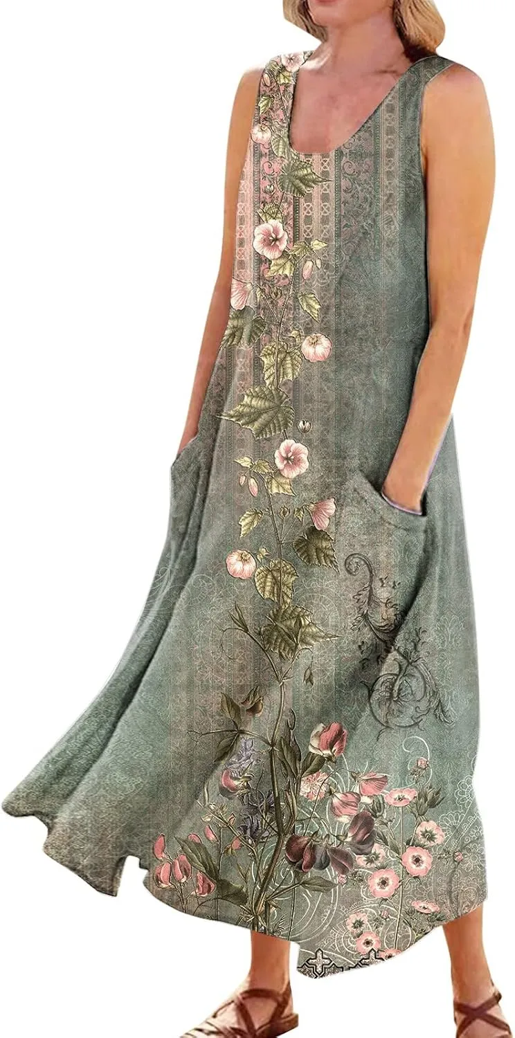 Cotton Linen Dresses for Women,Maxi Sleeveless Dresses Summer Casual Print Cotton Linen Sundress with Pockets (S-3XL)