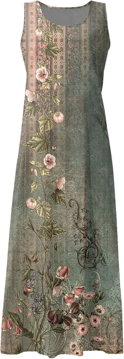 Cotton Linen Dresses for Women,Maxi Sleeveless Dresses Summer Casual Print Cotton Linen Sundress with Pockets (S-3XL)