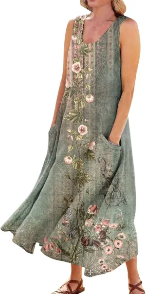 Cotton Linen Dresses for Women,Maxi Sleeveless Dresses Summer Casual Print Cotton Linen Sundress with Pockets (S-3XL)