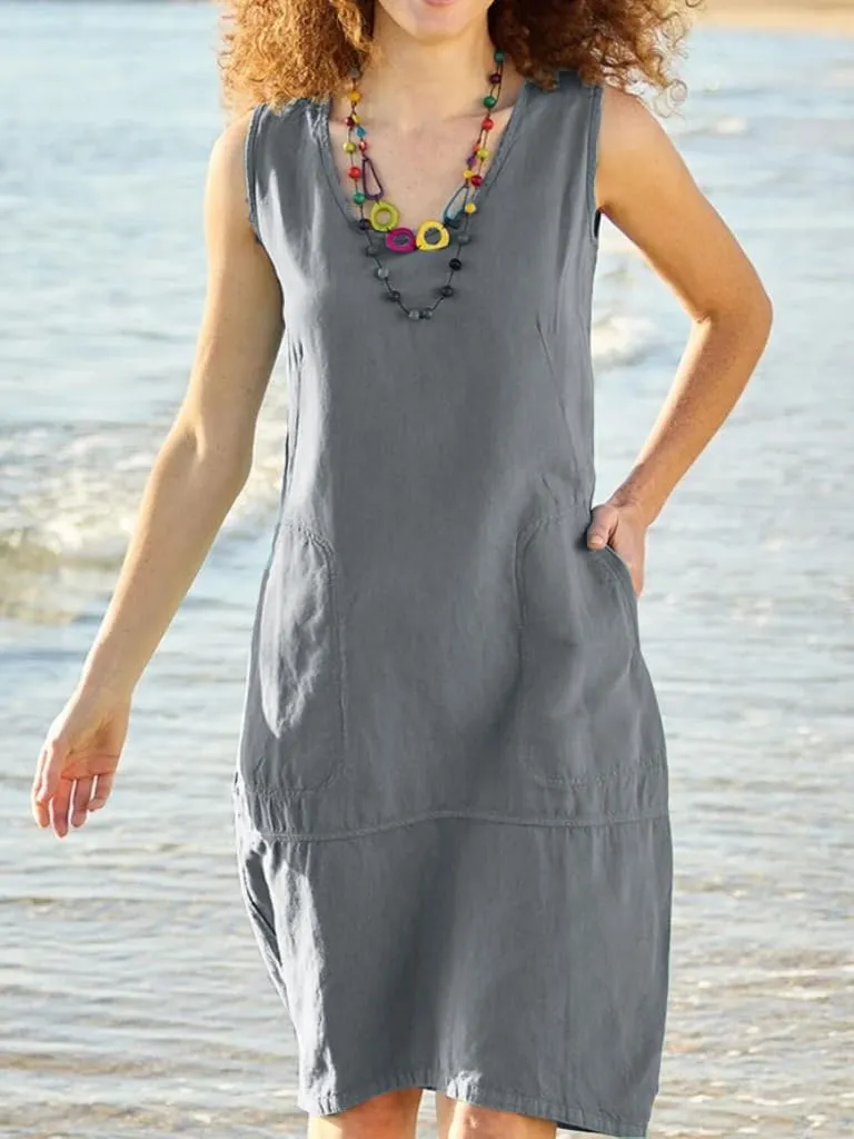 Cotton Linen Summer Midi Dresses for Women 2025 Vacation Sleeveless V-Neck Sundress Loose Casual Beach Solid Dresses