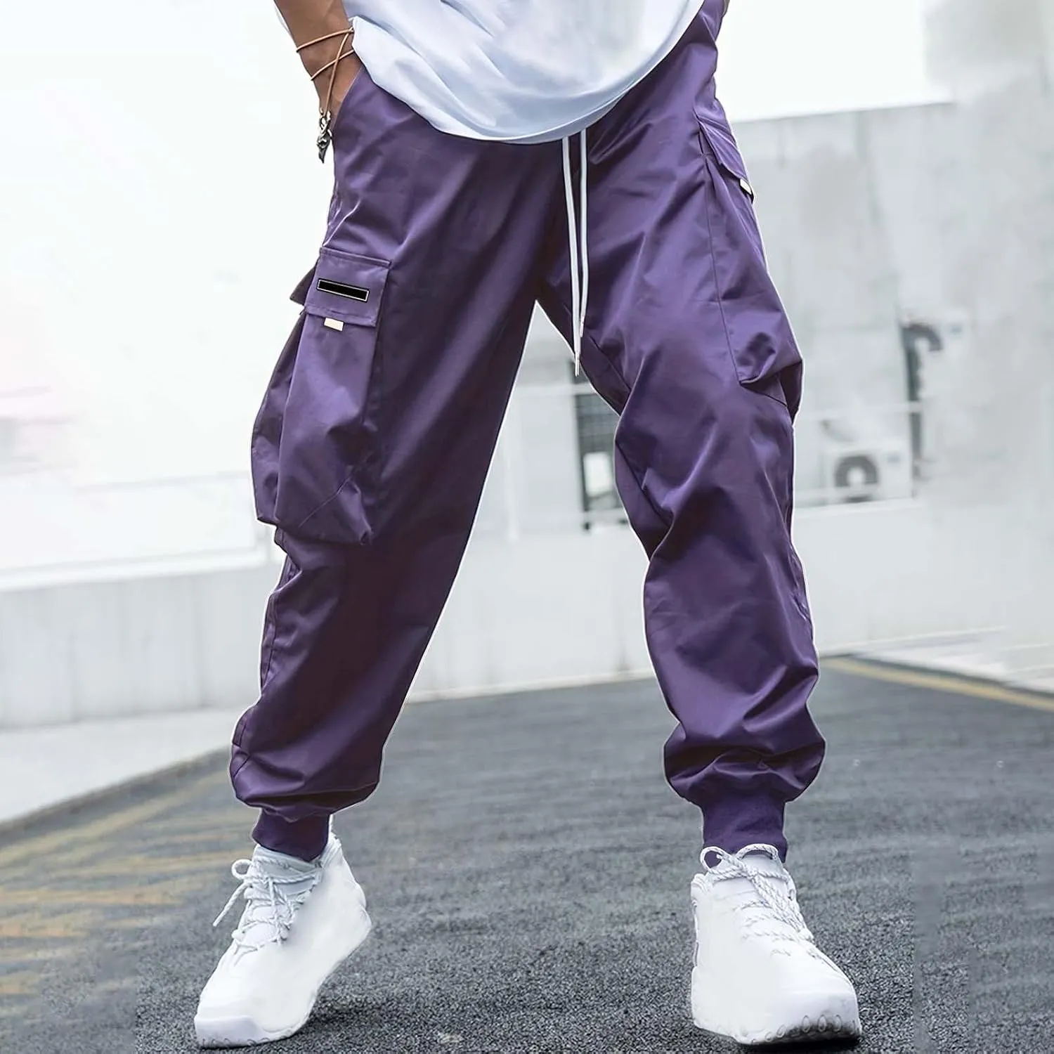 CRNTCEM Mens Baggy Hip Hop Cargo Pants Lightweight Streetwear Grunge Harem Joggers Trousers Trendy Casual Y2K Parachute Pants