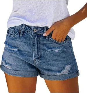 Denim Shorts for Women High Waisted Stretch Trendy Ripped Hole Vintage Short Jeans Pure Color Folded Hem Slim Shorts Womens Shorts for Summer