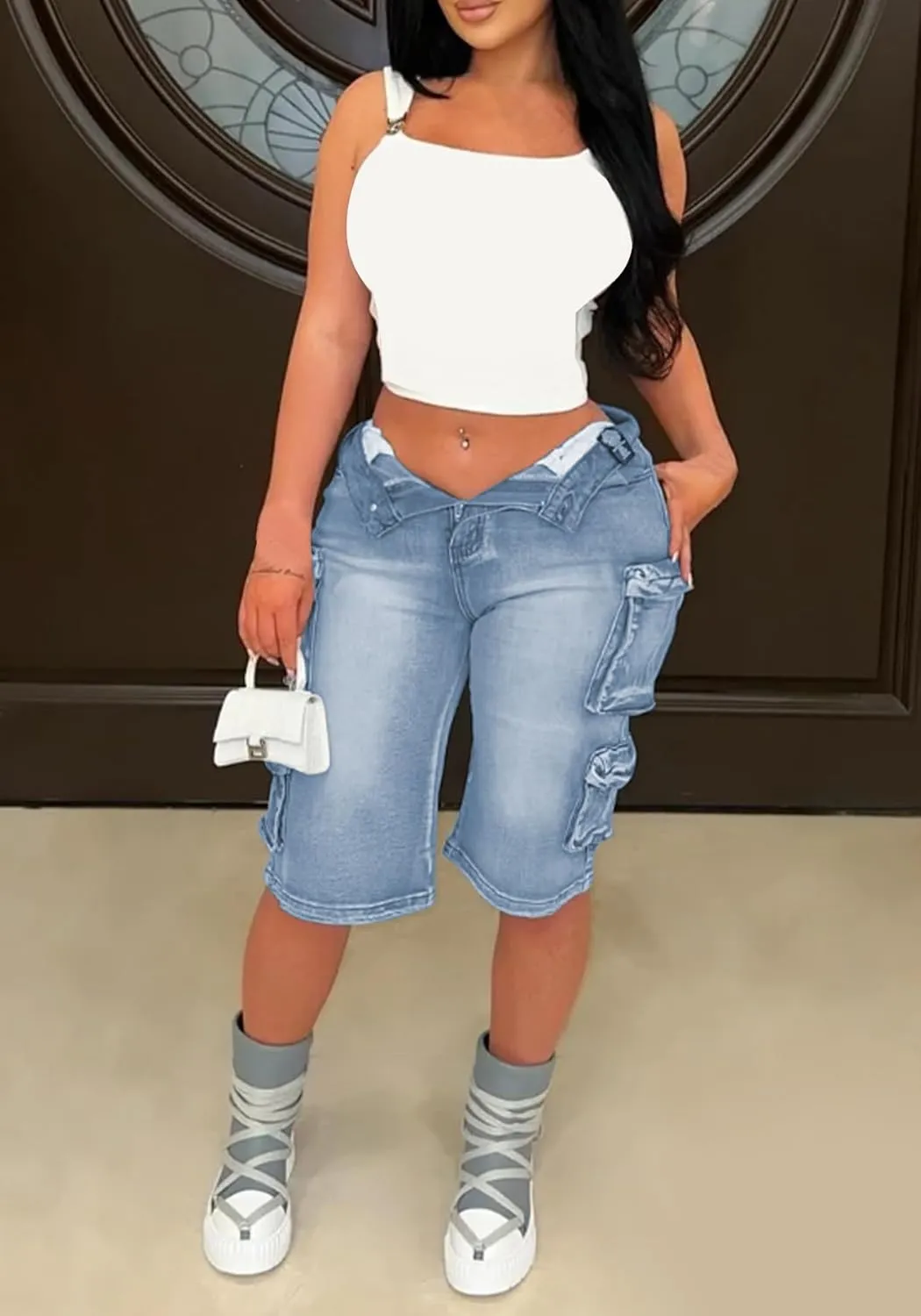 Denim Shorts Women Vintage High Waisted Wide Leg Baggy Jean Shorts with Pockets Streetwear