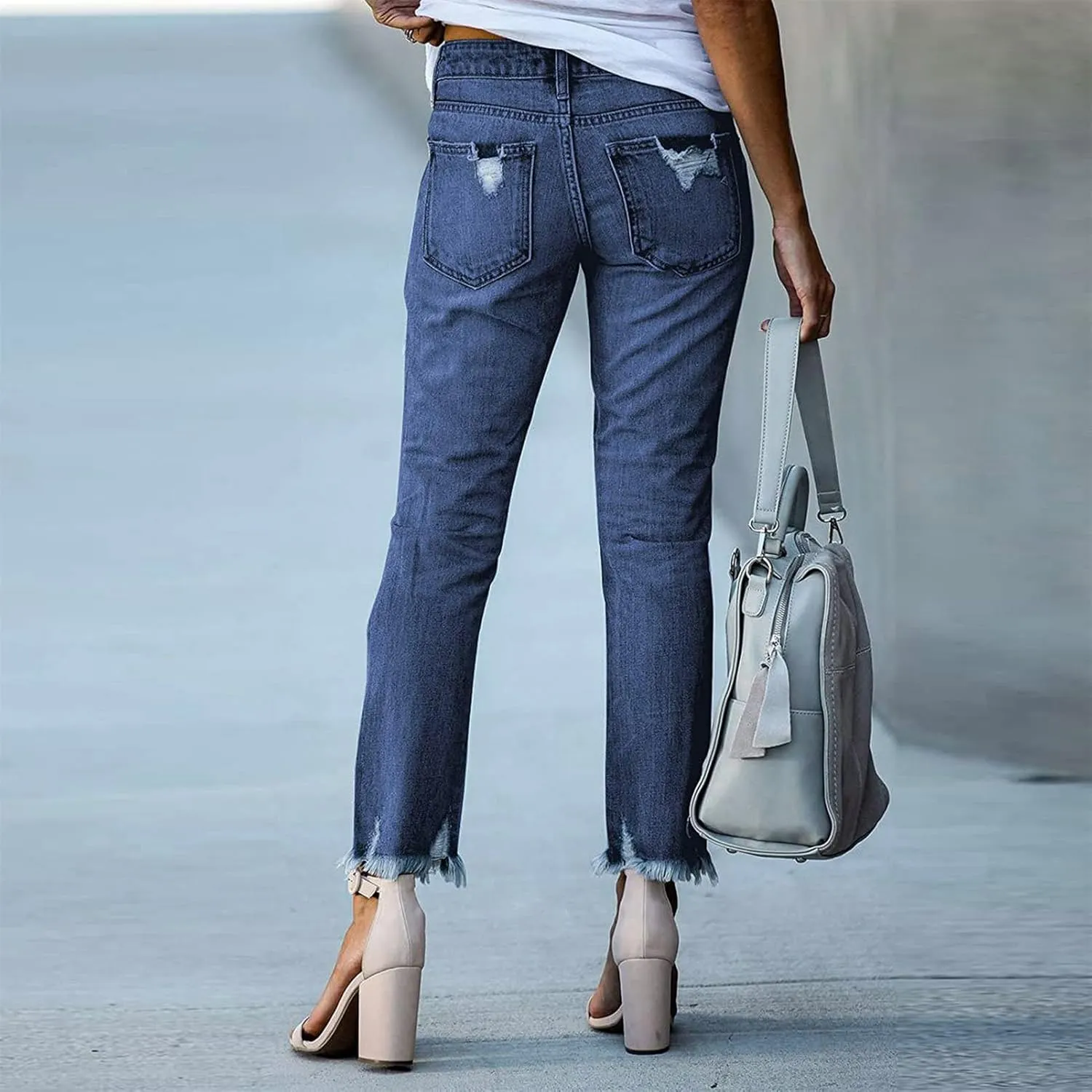 DGHM-JLMY Women's Slim Fit Ripped Straight Jeans Destroyed Raw Hem Boyfriend Denim Hole Jeans Leg Distressed Ankle Washed