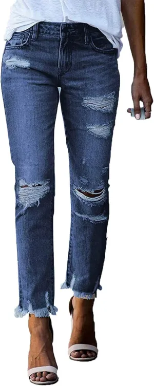 DGHM-JLMY Women's Slim Fit Ripped Straight Jeans Destroyed Raw Hem Boyfriend Denim Hole Jeans Leg Distressed Ankle Washed
