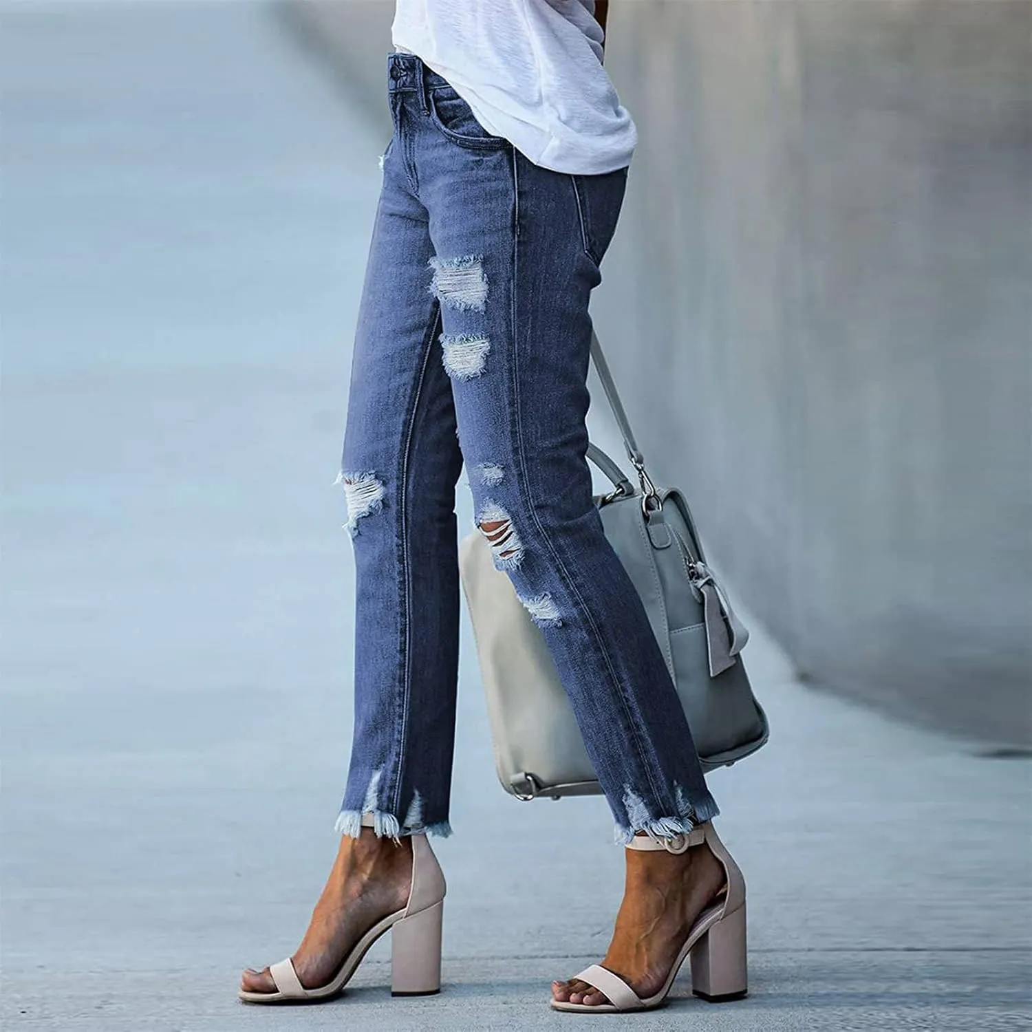 DGHM-JLMY Women's Slim Fit Ripped Straight Jeans Destroyed Raw Hem Boyfriend Denim Hole Jeans Leg Distressed Ankle Washed