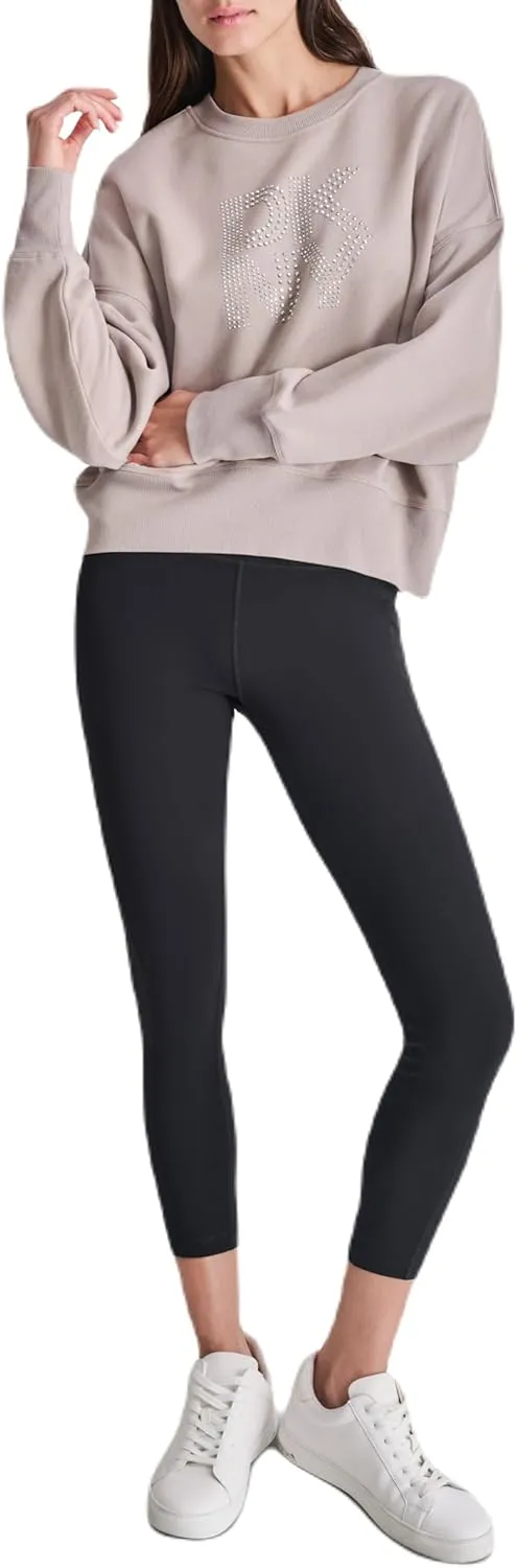 DKNY womens Studded Logo Cropped Crewneck Fleece Sweatshirt