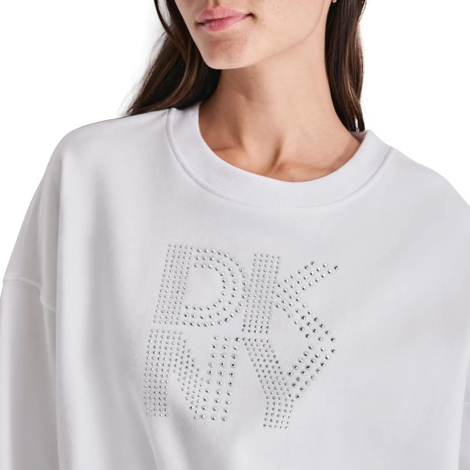 DKNY womens Studded Logo Cropped Crewneck Fleece Sweatshirt