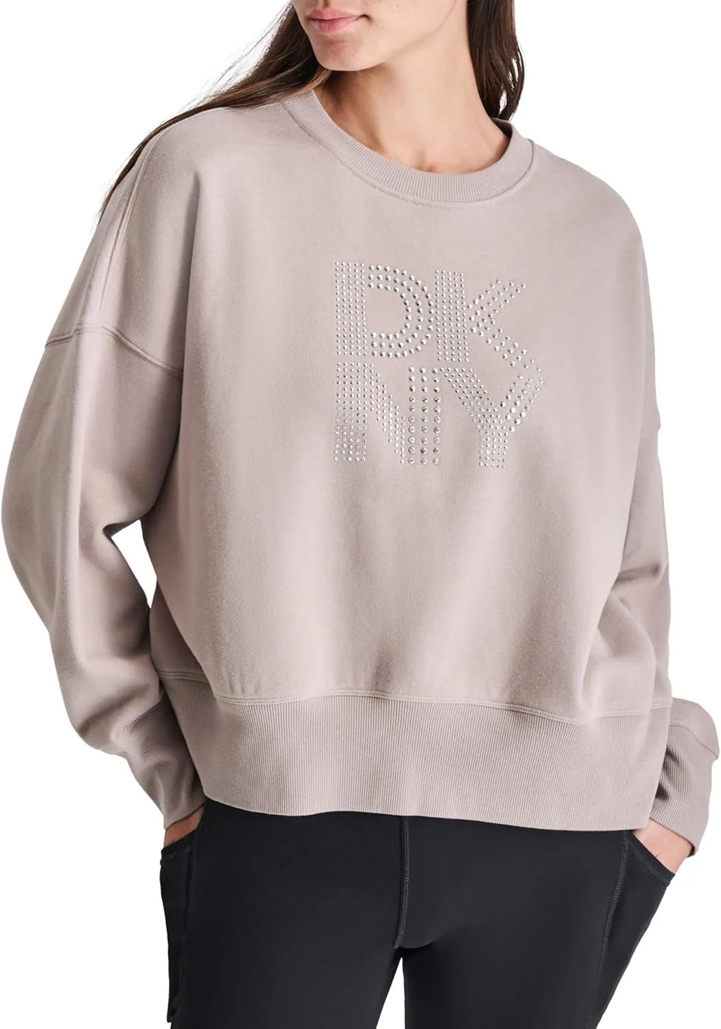 DKNY womens Studded Logo Cropped Crewneck Fleece Sweatshirt