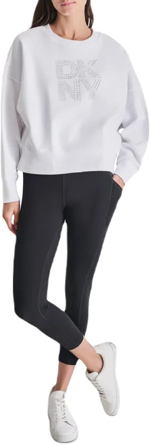 DKNY womens Studded Logo Cropped Crewneck Fleece Sweatshirt
