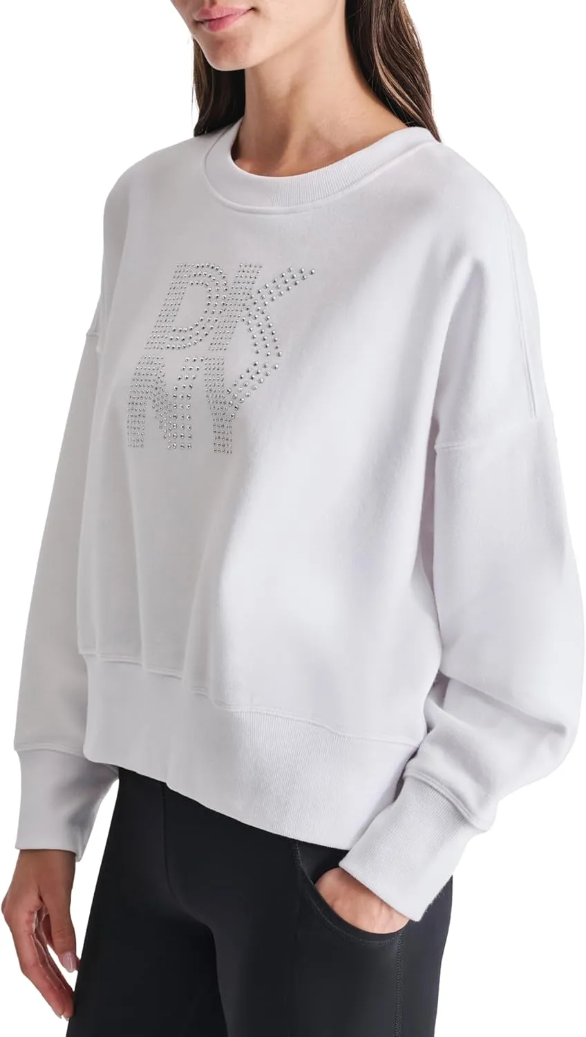 DKNY womens Studded Logo Cropped Crewneck Fleece Sweatshirt