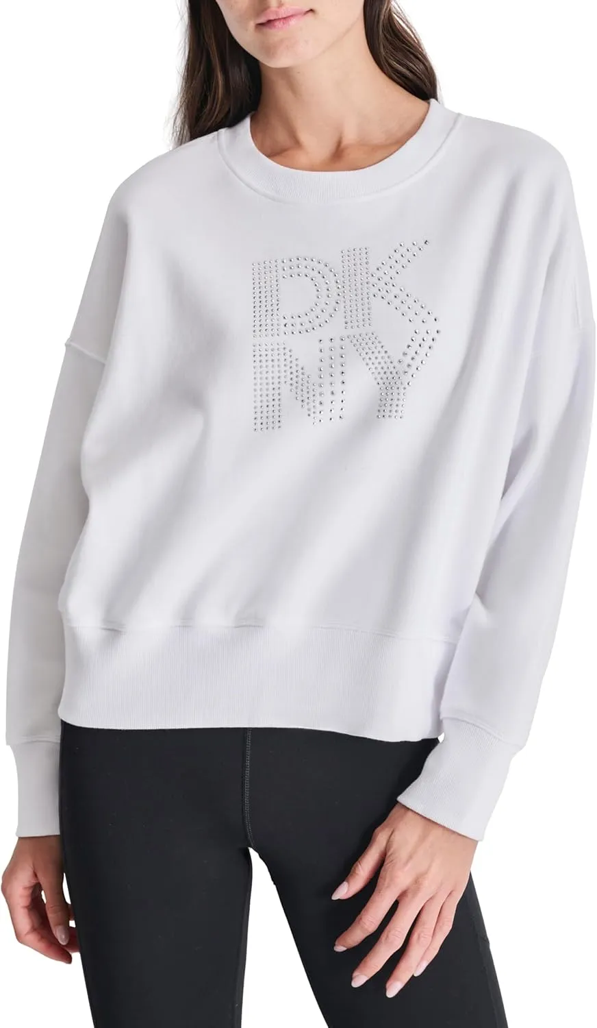 DKNY womens Studded Logo Cropped Crewneck Fleece Sweatshirt