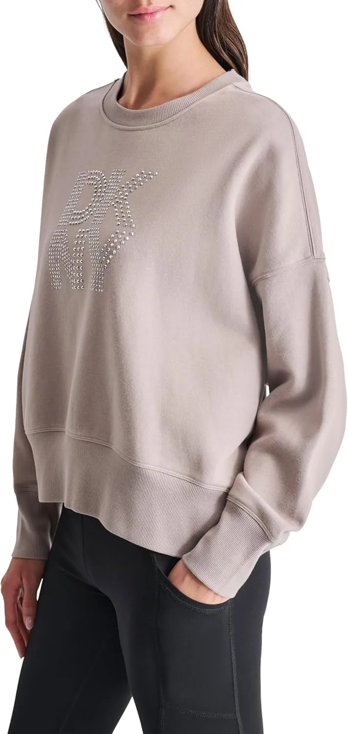 DKNY womens Studded Logo Cropped Crewneck Fleece Sweatshirt