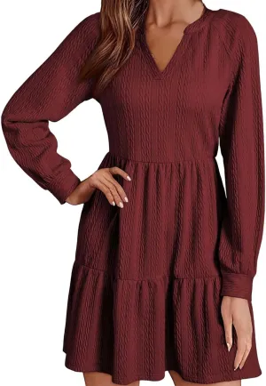 Dresses for Women 2025 Long Sleeve V Neck Textured Casual Tiered Ruffle A-Line Swing Mini Babydoll Dress