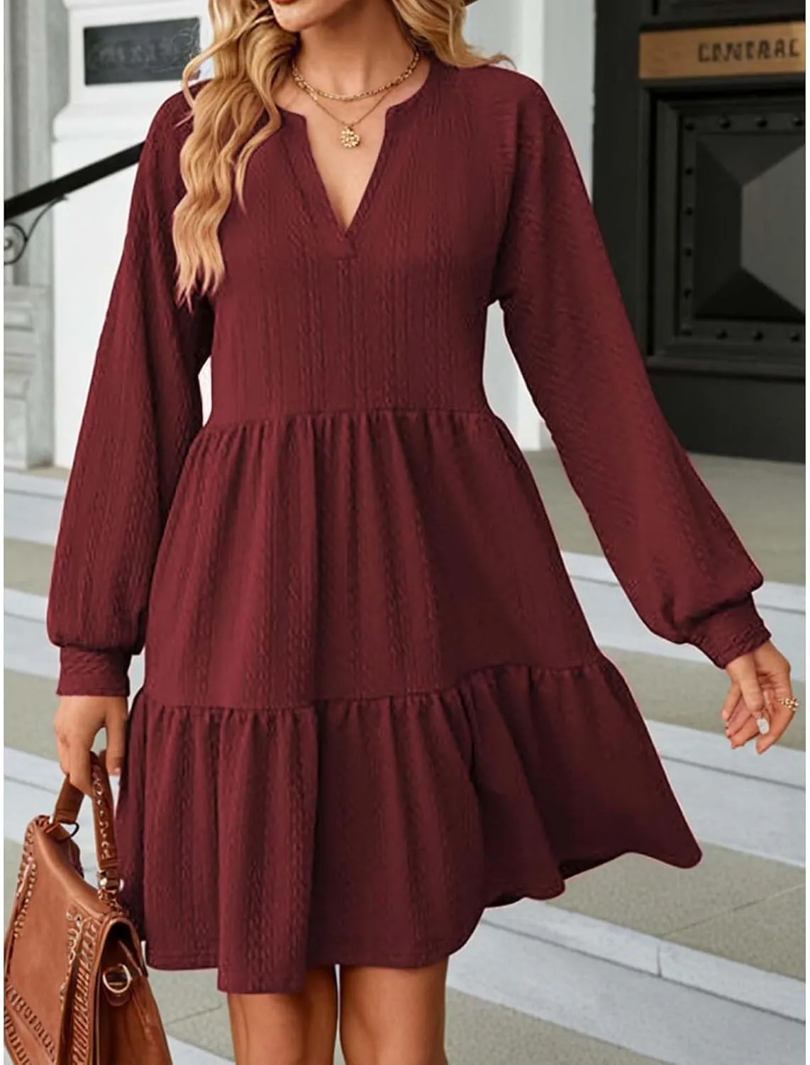 Dresses for Women 2025 Long Sleeve V Neck Textured Casual Tiered Ruffle A-Line Swing Mini Babydoll Dress