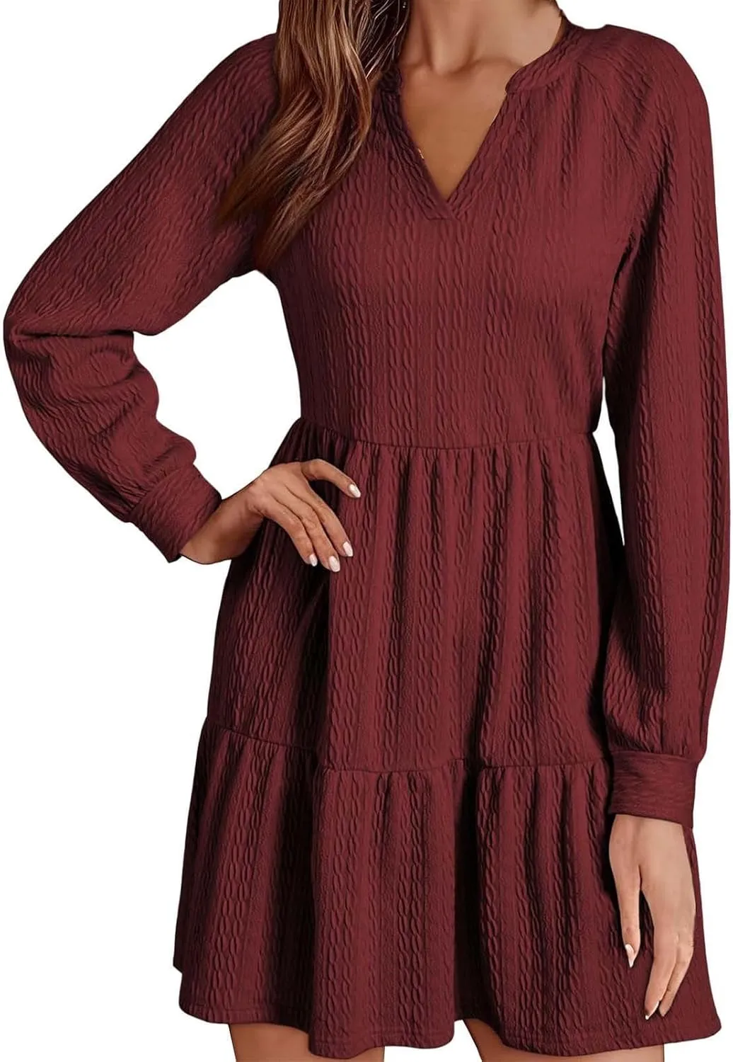 Dresses for Women 2025 Long Sleeve V Neck Textured Casual Tiered Ruffle A-Line Swing Mini Babydoll Dress