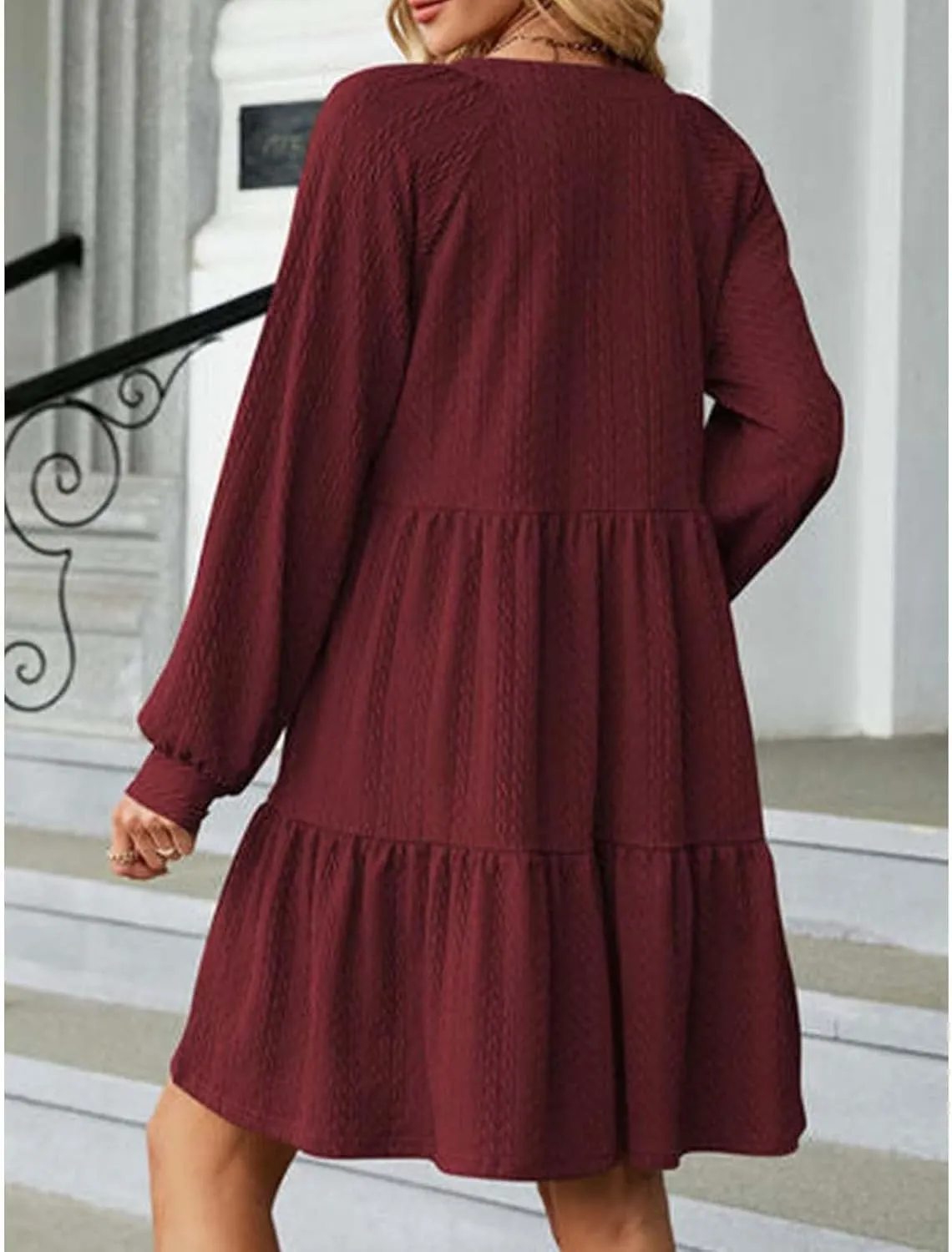 Dresses for Women 2025 Long Sleeve V Neck Textured Casual Tiered Ruffle A-Line Swing Mini Babydoll Dress