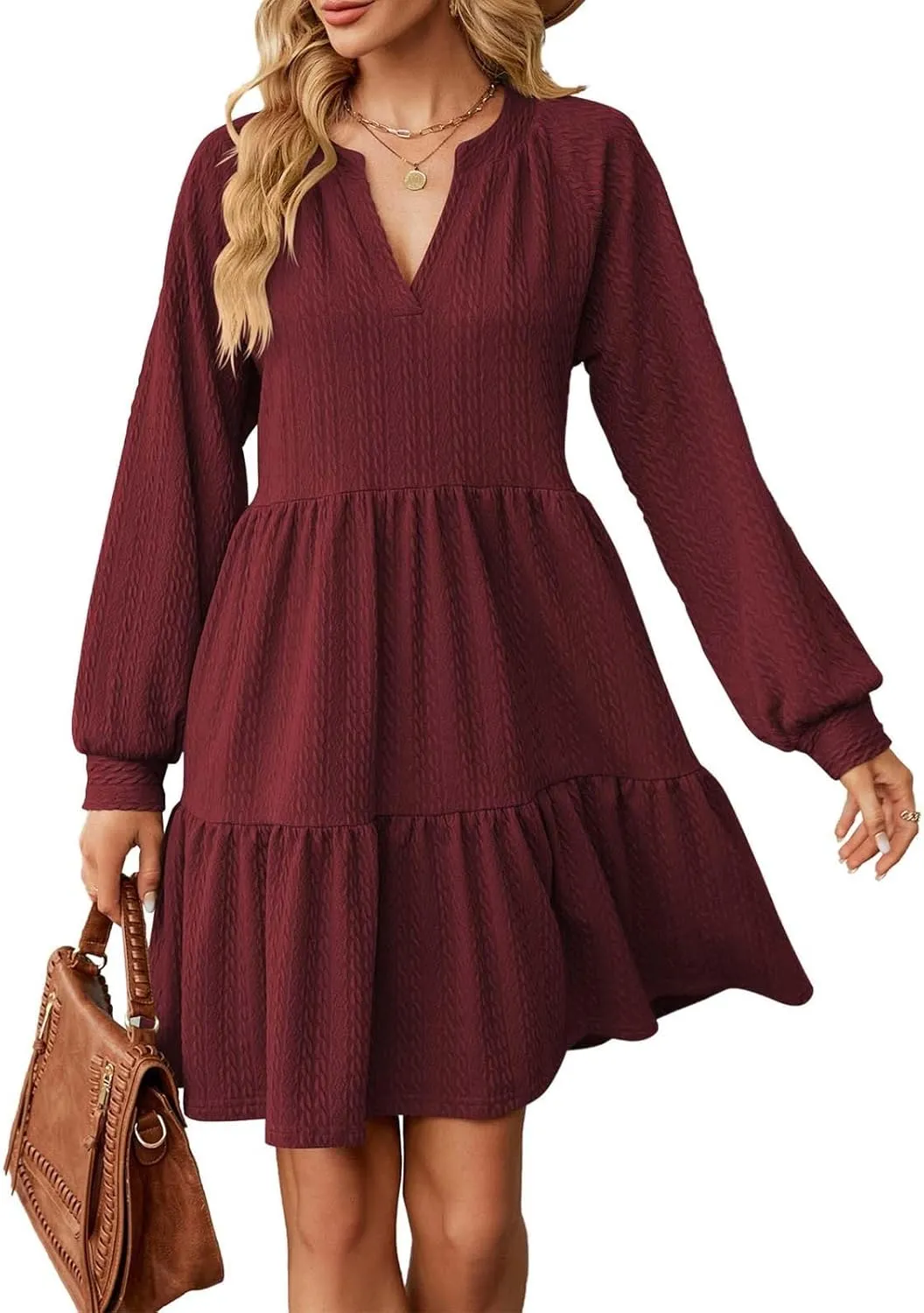 Dresses for Women 2025 Long Sleeve V Neck Textured Casual Tiered Ruffle A-Line Swing Mini Babydoll Dress