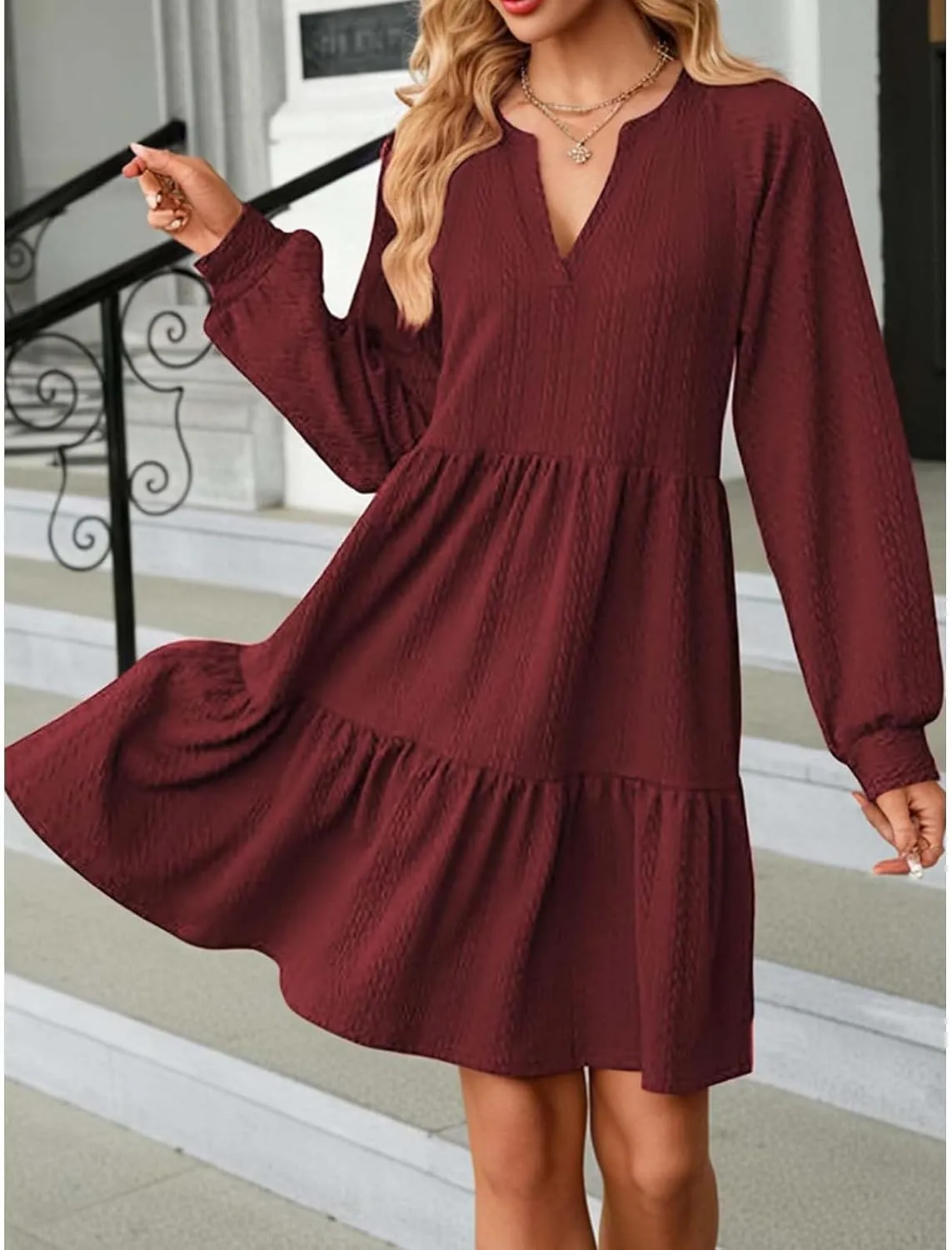 Dresses for Women 2025 Long Sleeve V Neck Textured Casual Tiered Ruffle A-Line Swing Mini Babydoll Dress