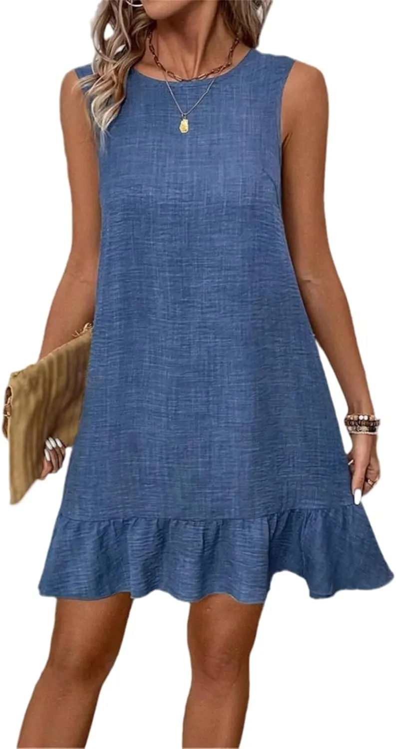 Dresses for Women 2025 Summer Sleeveless Mini Dress Round Neck Ruffle Hem Dresses Back Tie Vacation Casual Dress