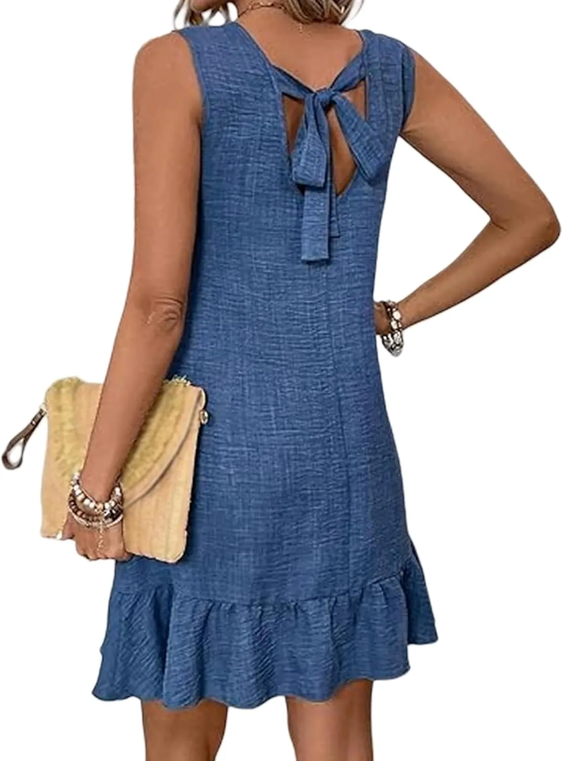 Dresses for Women 2025 Summer Sleeveless Mini Dress Round Neck Ruffle Hem Dresses Back Tie Vacation Casual Dress