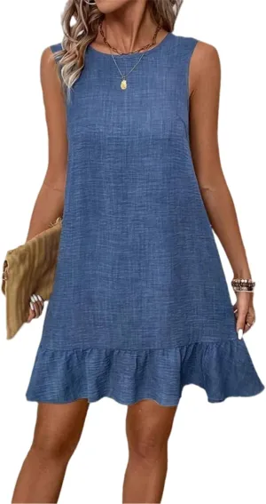 Dresses for Women 2025 Summer Sleeveless Mini Dress Round Neck Ruffle Hem Dresses Back Tie Vacation Casual Dress