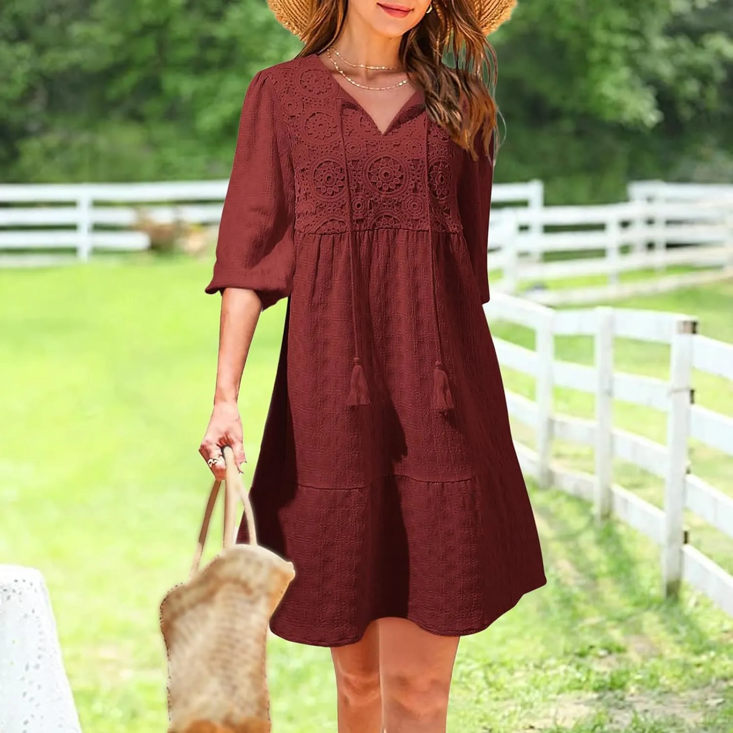 Dresses for Women Boho Loose Fit Drawstring V Neck Short Sleeve Printed Mini Dress Summer Casual Dressy 2025