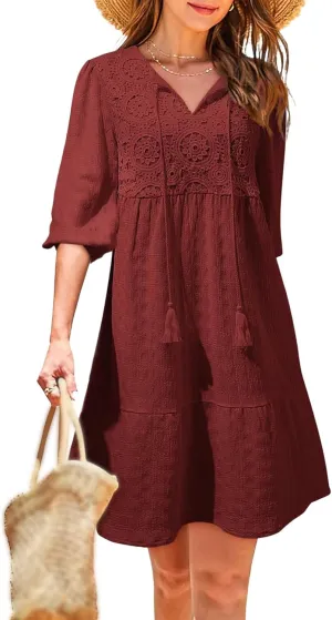 Dresses for Women Boho Loose Fit Drawstring V Neck Short Sleeve Printed Mini Dress Summer Casual Dressy 2025