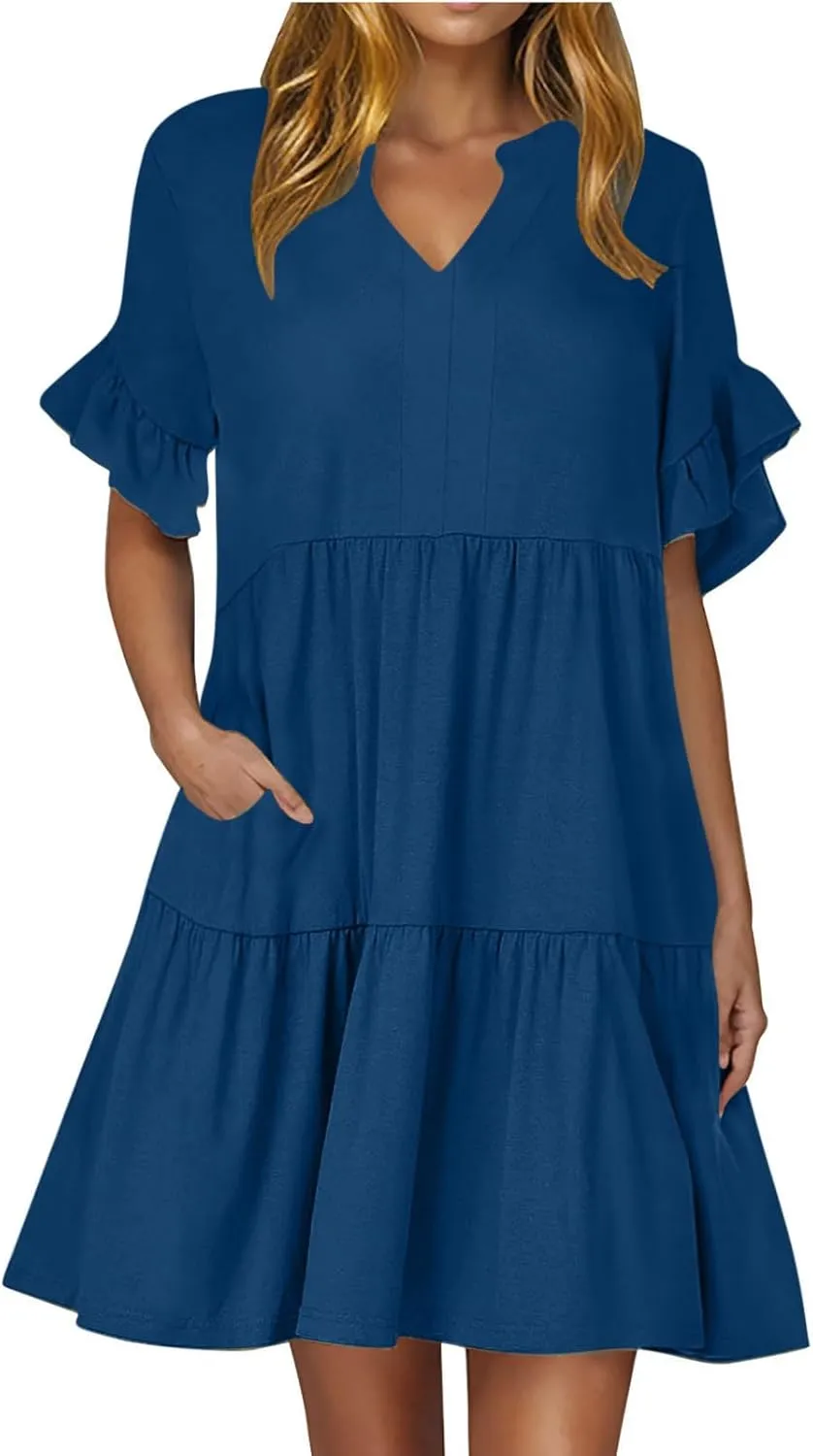 Dresses for Women Summer 2025 Ruffle Hem Flowy A-Line Dress Casual Trendy Babydoll Tiered Mini Dress with Pockets