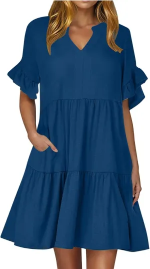 Dresses for Women Summer 2025 Ruffle Hem Flowy A-Line Dress Casual Trendy Babydoll Tiered Mini Dress with Pockets