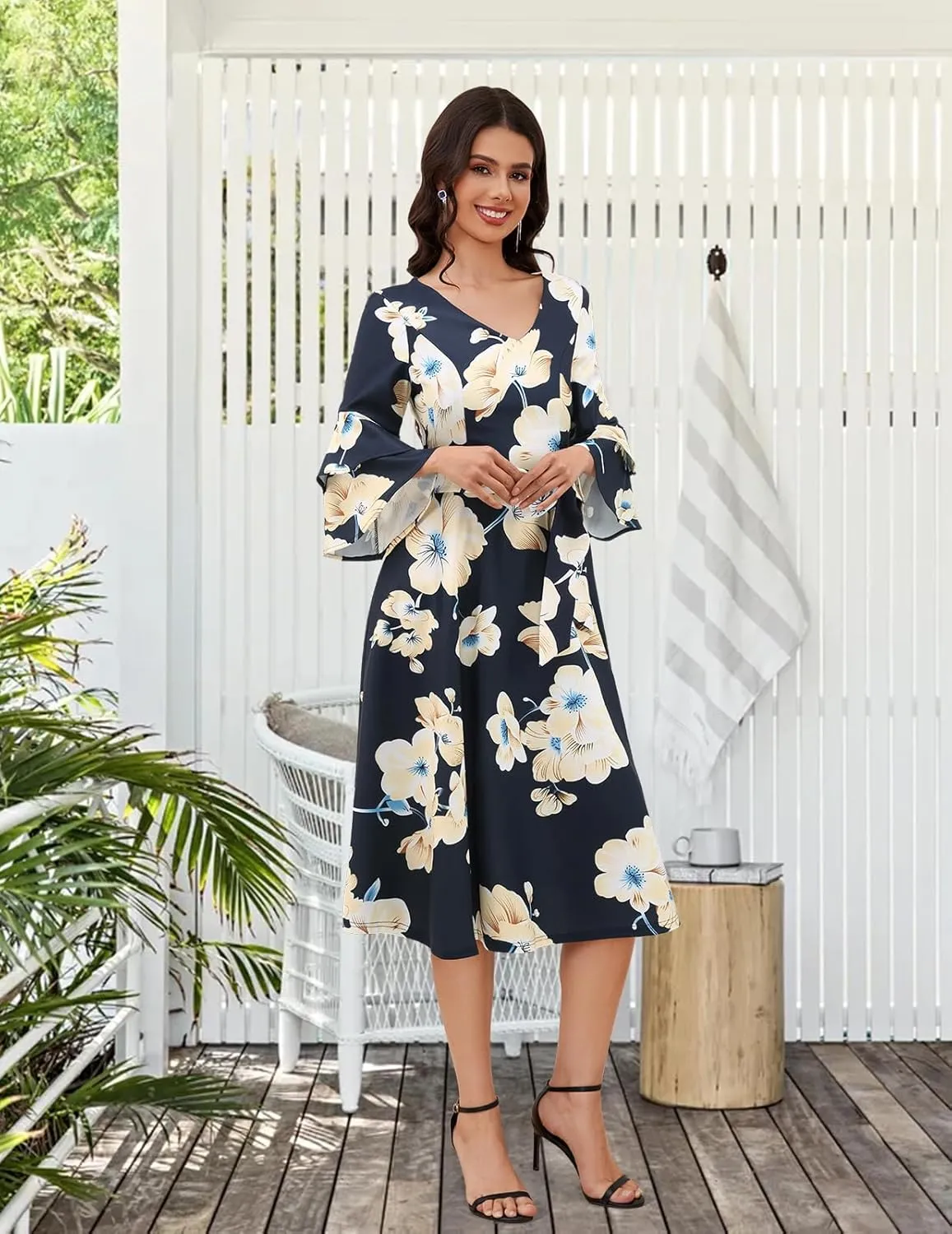 DRESSTELLS Cocktail Dress 2025, Long Bell Sleeves & V-Neck, Formal Bridesmaid Prom Dresses for Party
